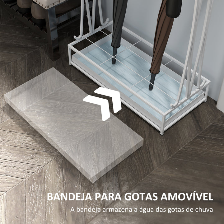 Suporte para Guarda-Chuva Moderno Retangular Suporte para Guarda Chuvas de Aço com 24 Ganchos 21 Espaços e Bandeja Recolhedora de Gotas Amovível para Entrada Escritório 50x24x68 cm Branco