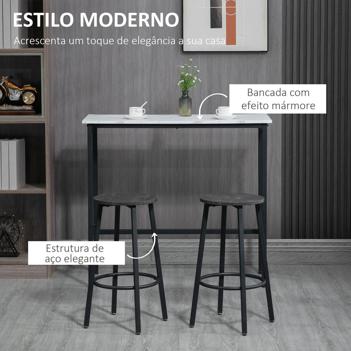 Conjunto de Mesa Alta com 2 Bancos Redondos Conjunto de 3 Peças com Estrutura de Aço Estilo Moderno para Cozinha Sala de Estar Branco e Preto