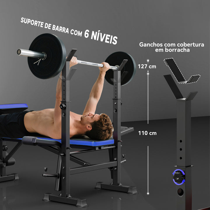 Banco de Musculação Multifuncional com Encosto Ajustável, Suporte para Barras Regulável, Extensão de Pernas, Curl de Pregador, Borboleta, Treino para Casa e Ginásio, Azul
