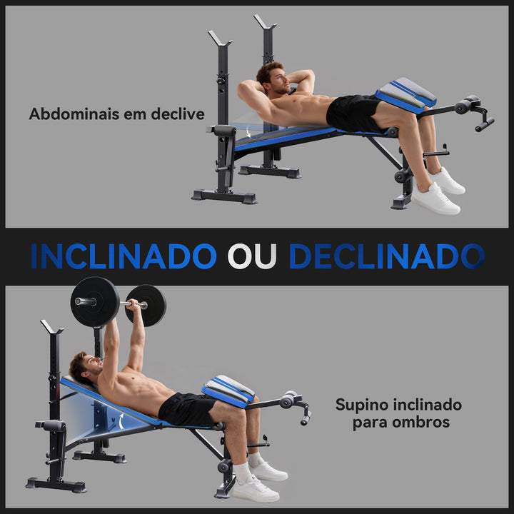 Banco de Musculação Multifuncional com Encosto Ajustável, Suporte para Barras Regulável, Extensão de Pernas, Curl de Pregador, Borboleta, Treino para Casa e Ginásio, Azul
