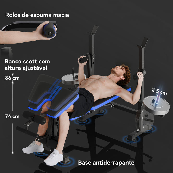 Banco de Musculação Multifuncional com Encosto Ajustável, Suporte para Barras Regulável, Extensão de Pernas, Curl de Pregador, Borboleta, Treino para Casa e Ginásio, Azul