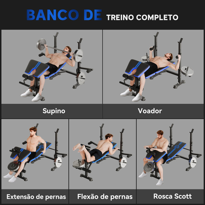 Banco de Musculação Multifuncional com Encosto Ajustável, Suporte para Barras Regulável, Extensão de Pernas, Curl de Pregador, Borboleta, Treino para Casa e Ginásio, Azul