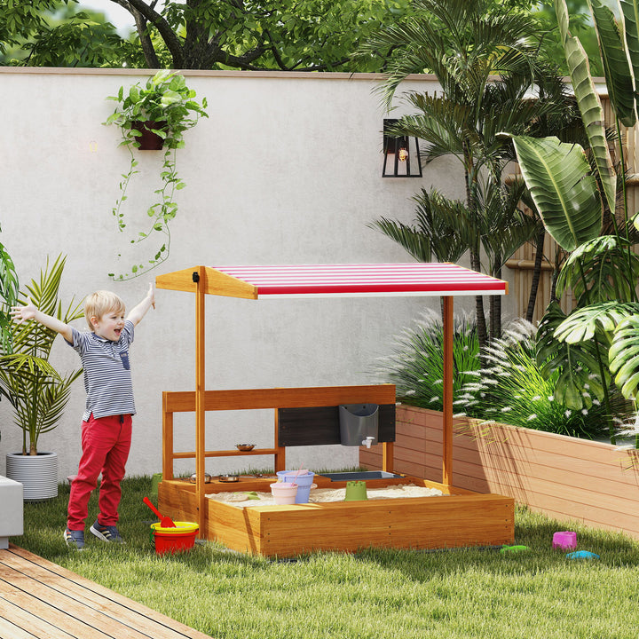 Caixa de Areia Infantil de Madeira com Toldo Ajustável Jogo com Acessórios de Cozinha Prateleira e 2 Assentos para Crianças de 3-7 Anos 114x110x110 cm Vermelho