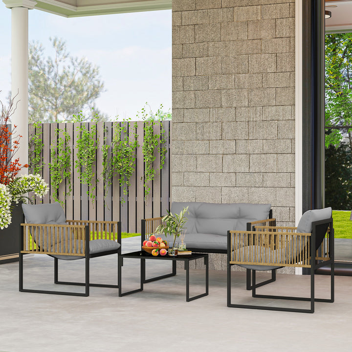 Conjunto de Jardim de Vime Sintético de 4 Peças Móveis de Exterior Inclui Sofá de 2 Lugares 2 Poltronas 1 Mesa de Centro de Vidro com Almofadas Cinza e Madeira