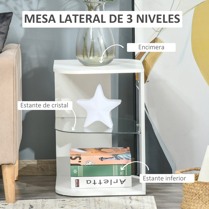 Mesa Auxiliar Moderna Mesa de Cabeceira com 3 Prateleiras 1 de Vidro para Sala de Estar Dormitório 40x40x56cm Branco