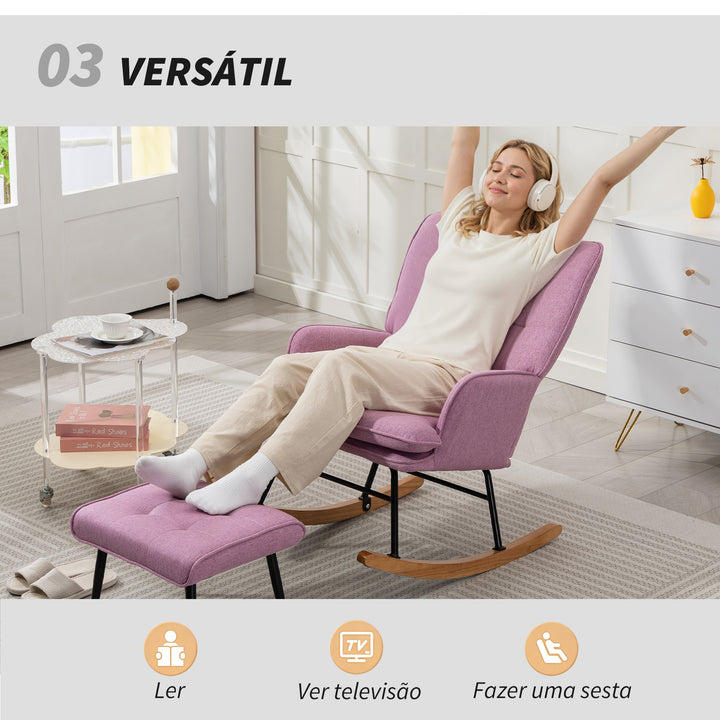 Conjunto de Poltrona Baloiço com Apoio para os Pés Poltrona Relax com Almofada Acolchoada e Anti-Tombo Carga 130 kg Sala de Estar Dormitório 64x89x90 cm Rosa
