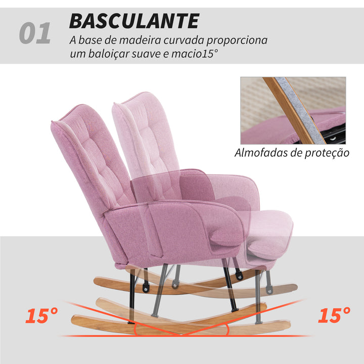 Conjunto de Poltrona Baloiço com Apoio para os Pés Poltrona Relax com Almofada Acolchoada e Anti-Tombo Carga 130 kg Sala de Estar Dormitório 64x89x90 cm Rosa
