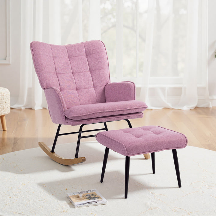 Conjunto de Poltrona Baloiço com Apoio para os Pés Poltrona Relax com Almofada Acolchoada e Anti-Tombo Carga 130 kg Sala de Estar Dormitório 64x89x90 cm Rosa