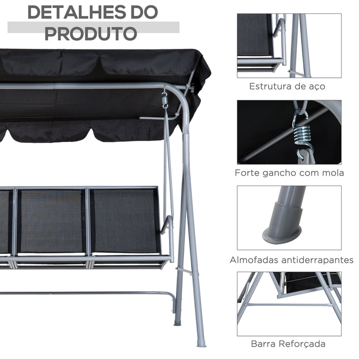 Baloiço Jardim de 3 Lugares com Toldo Ajustável Encosto Respirável e Estrutura de Metal para Terraço Balcão Exterior Carga 200kg 171x108x154cm Preto