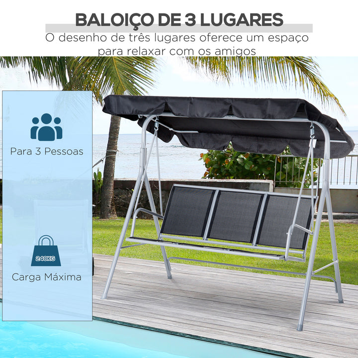 Baloiço Jardim de 3 Lugares com Toldo Ajustável Encosto Respirável e Estrutura de Metal para Terraço Balcão Exterior Carga 200kg 171x108x154cm Preto