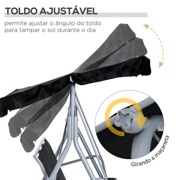Baloiço Jardim de 3 Lugares com Toldo Ajustável Encosto Respirável e Estrutura de Metal para Terraço Balcão Exterior Carga 200kg 171x108x154cm Preto