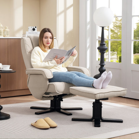 Poltrona Relax Reclinável com Apoio para os Pés Poltrona Giratória Estofada em Linho com Base de Madeira Função Baloiço Poltrona para Quarto Sala de Estar 67x87x96 cm Bege