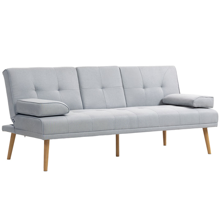 Sofá Cama 3 Lugares Sofá Cama Dobrável com Encosto Ajustável de 3 Níveis Apoio para os Braços Desmontável e 2 Suportes para Copos 181x77x78 cm Cinza Claro