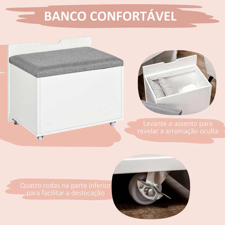 Toucador com Banco Oculto e Espelho Rebatível Mesa de Maquilhagem com Gaveta e 7 Compartimentos Banco Acolchoado com Armazenamento para Espaços Reduzidos Vestuário Branco