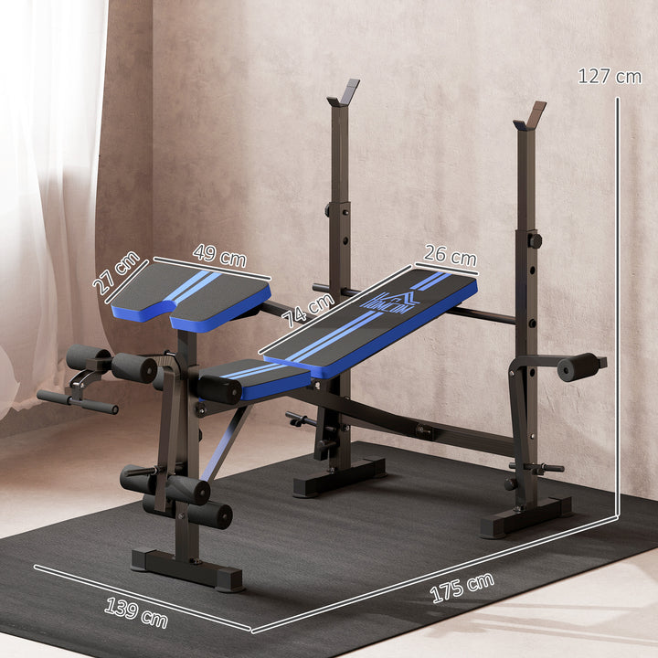 Banco de Musculação Multifuncional com Encosto Ajustável, Suporte para Barras Regulável, Extensão de Pernas, Curl de Pregador, Borboleta, Treino para Casa e Ginásio, Azul
