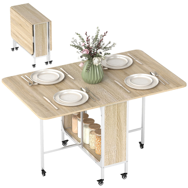 Mesa de Cozinha Dobrável Mesa de Refeição Dobrável com Rodas Laterais Abatíveis e Prateleira Mesa Dobrável para Sala de Jantar 130x80x74 cm Madeira e Branco