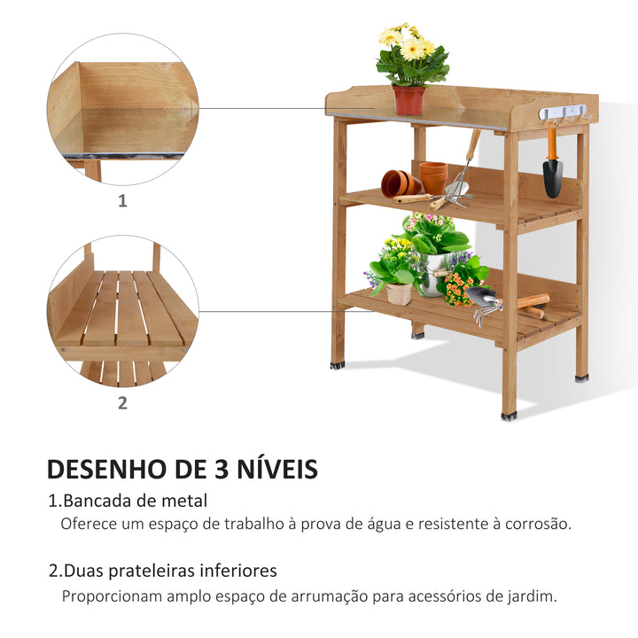 Mesa de Plantação em Madeira de 3 Níveis Mesa de Jardinagem com Placa Metálica 2 Prateleiras e Ganchos Resistente às Intempéries para Jardim Varanda 76x37x89 cm Madeira
