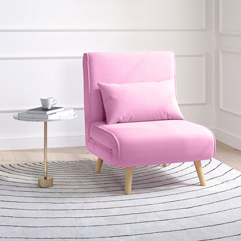 Sofá Cama Individual Sofá Cama Estofado em Linho com Encosto Ajustável em 5 Posições e Almofada Sofá Cama Pequeno para Sala de Estar 72x75x85 cm Rosa