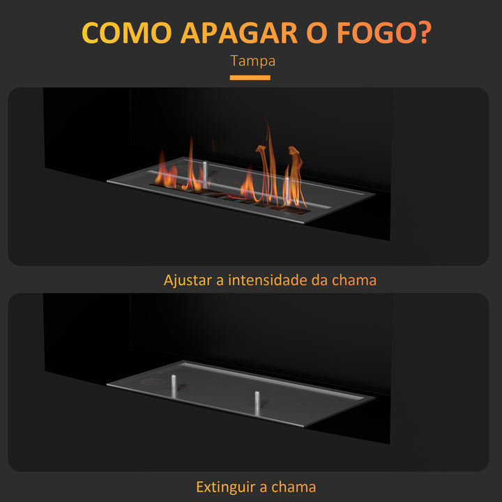 Lareira de Bioetanol de Parede Lareira de Bioetanol com Depósito de 0,9L Apagador de Chamas de Aço Inoxidável Tempo de Combustão 3,3H para Interiores 15-20 m² 66x16x52 cm Preto