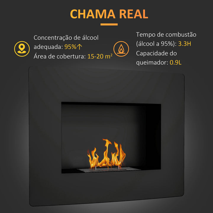 Lareira de Bioetanol de Parede Lareira de Bioetanol com Depósito de 0,9L Apagador de Chamas de Aço Inoxidável Tempo de Combustão 3,3H para Interiores 15-20 m² 66x16x52 cm Preto