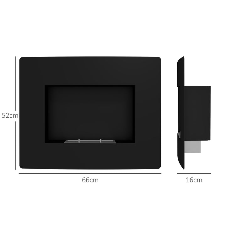 Lareira de Bioetanol de Parede Lareira de Bioetanol com Depósito de 0,9L Apagador de Chamas de Aço Inoxidável Tempo de Combustão 3,3H para Interiores 15-20 m² 66x16x52 cm Preto