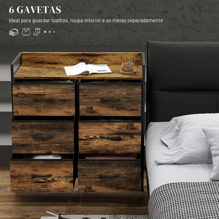 Cómoda com 6 Gavetas Dobráveis Cómoda de Tecido com Estrutura de Aço Estilo Industrial Cómoda para Quarto Corredor 79x29x85 cm Castanho Rústico