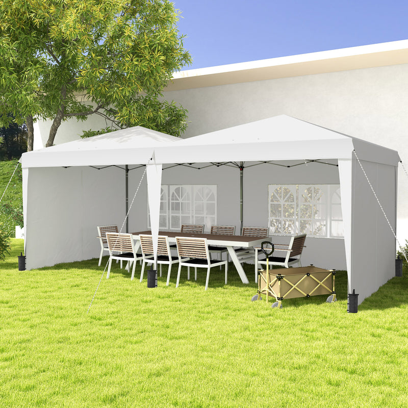 Tenda Dobrável 585x295 cm com Paredes Laterais Tenda para Festas com Altura Ajustável Bolsa de Transporte Rodas e 5 Sacos de Areia para Exterior Jardim Pátio Branco