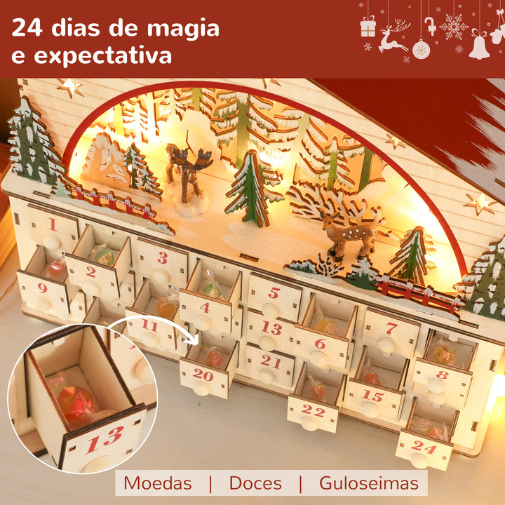 Calendário do Advento em Madeira com Luzes LED e 24 Gavetas Calendário do Advento de Natal com Cena de Vila Decoração Natalícia 36x10x34 cm Madeira e Vermelho