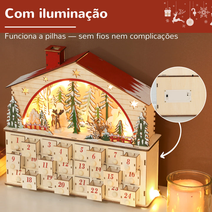 Calendário do Advento em Madeira com Luzes LED e 24 Gavetas Calendário do Advento de Natal com Cena de Vila Decoração Natalícia 36x10x34 cm Madeira e Vermelho