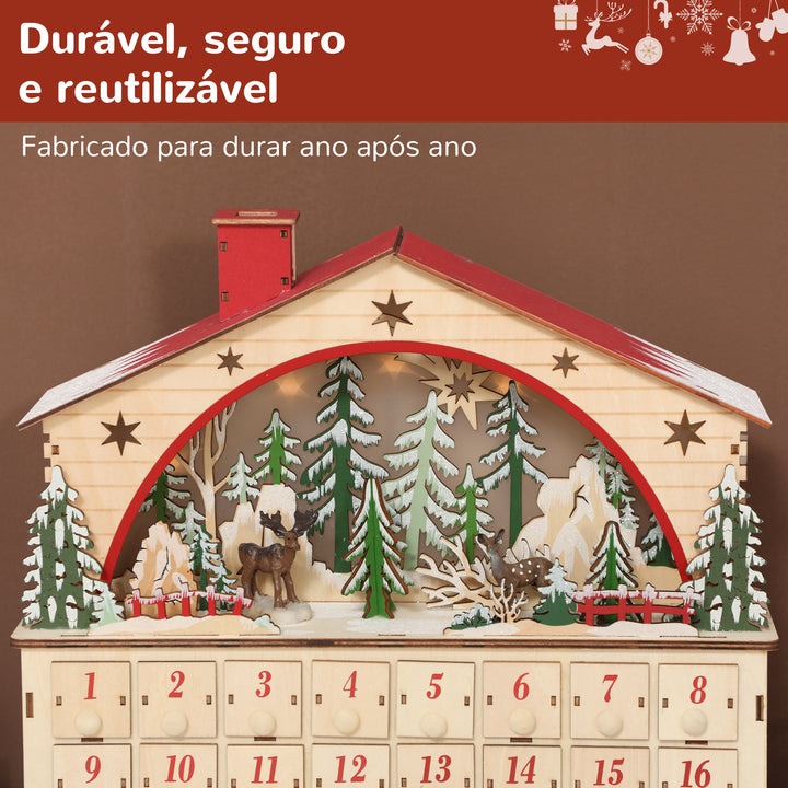 Calendário do Advento em Madeira com Luzes LED e 24 Gavetas Calendário do Advento de Natal com Cena de Vila Decoração Natalícia 36x10x34 cm Madeira e Vermelho