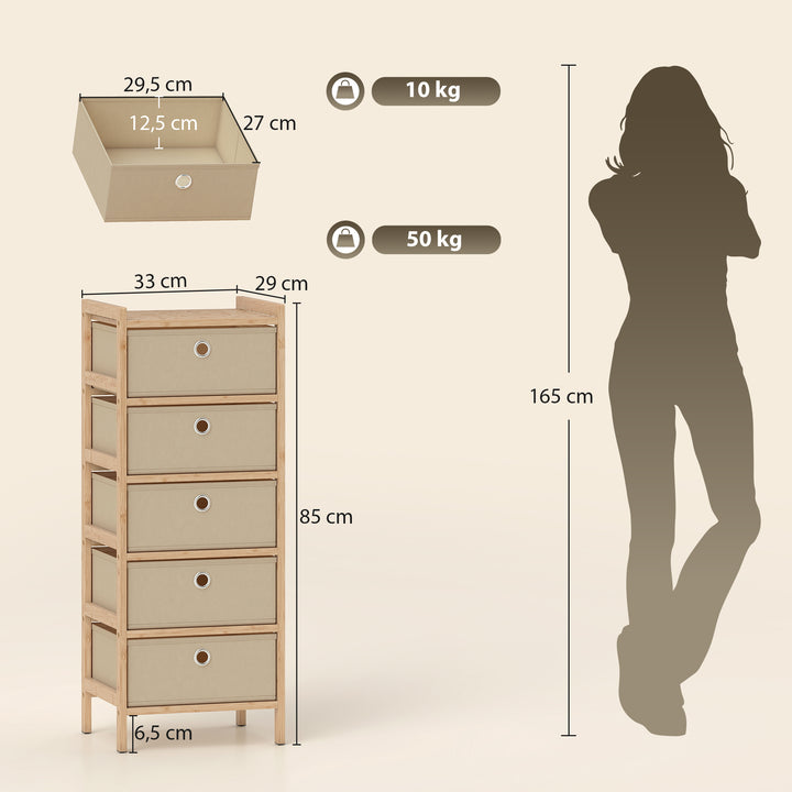 Cómoda com 5 Gavetas em Tecido, Estrutura de Bambu, Ideal para Espaços Pequenos, Sala, Escritório ou Closet, Creme e Madeira