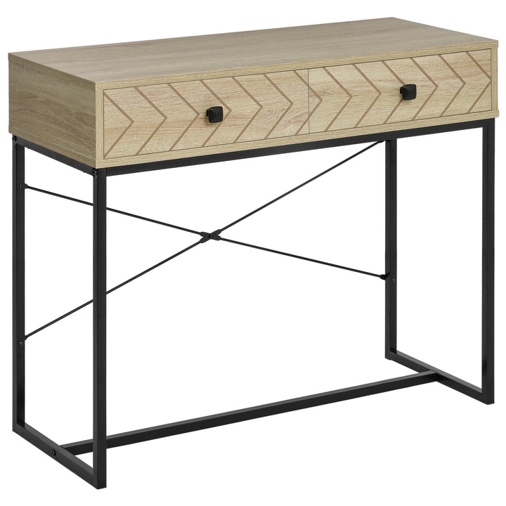 Mesa Consola 90x35x76cm Mesa de Entrada com 2 Gavetas de Armazenamento Decorativos e Estrutura de Metal para Entrada Corredor Sala de Estar Natural