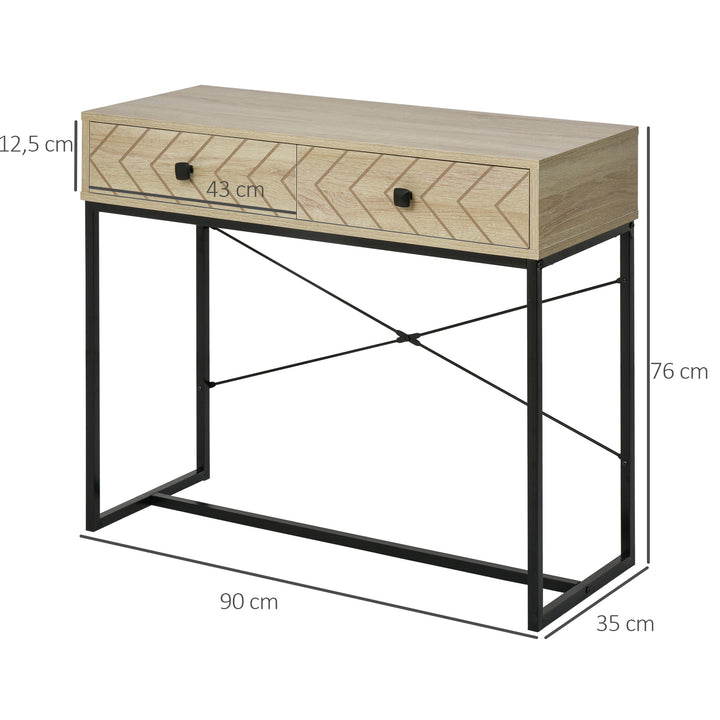 Mesa Consola 90x35x76cm Mesa de Entrada com 2 Gavetas de Armazenamento Decorativos e Estrutura de Metal para Entrada Corredor Sala de Estar Natural