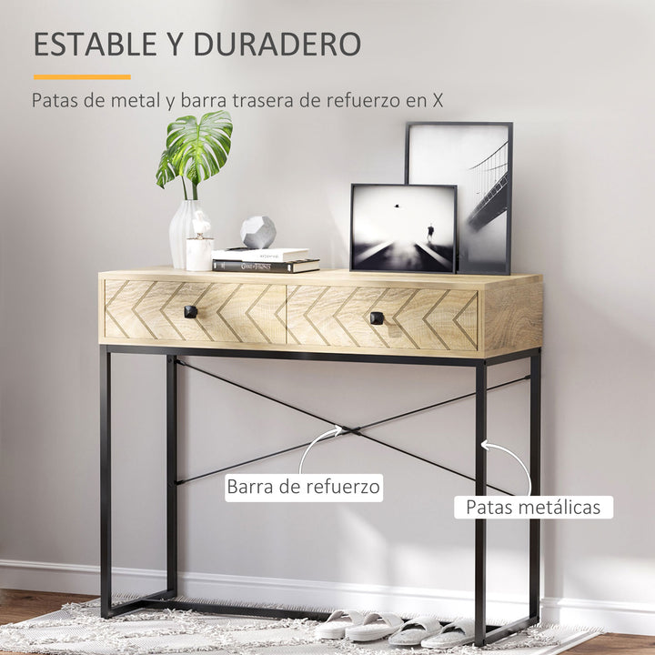Mesa Consola 90x35x76cm Mesa de Entrada com 2 Gavetas de Armazenamento Decorativos e Estrutura de Metal para Entrada Corredor Sala de Estar Natural