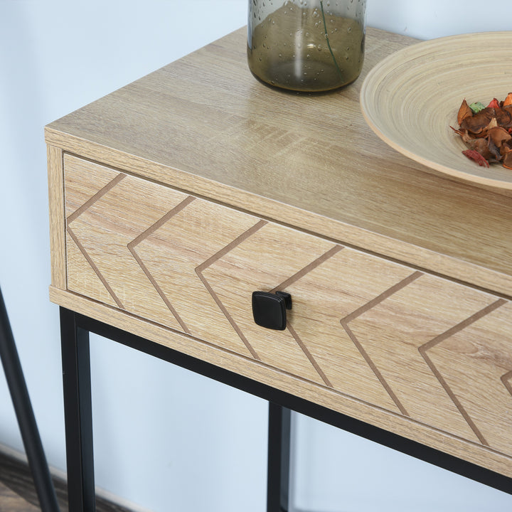 Mesa Consola 90x35x76cm Mesa de Entrada com 2 Gavetas de Armazenamento Decorativos e Estrutura de Metal para Entrada Corredor Sala de Estar Natural