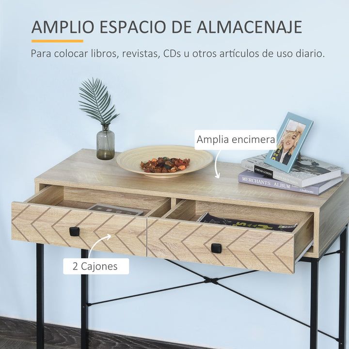 Mesa Consola 90x35x76cm Mesa de Entrada com 2 Gavetas de Armazenamento Decorativos e Estrutura de Metal para Entrada Corredor Sala de Estar Natural