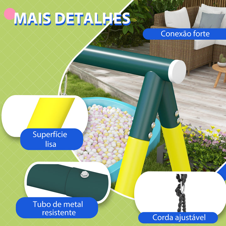 Baloiço Infantil 4 em 1 com Baloiço Ninho e Individual Rede de Escalada Cesto de Basquetebol Escada Carga 160 kg para Exterior Parque Infantil para Crianças de 3 a 8 Anos Amarelo