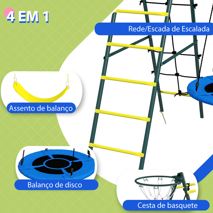 Baloiço Infantil 4 em 1 com Baloiço Ninho e Individual Rede de Escalada Cesto de Basquetebol Escada Carga 160 kg para Exterior Parque Infantil para Crianças de 3 a 8 Anos Amarelo