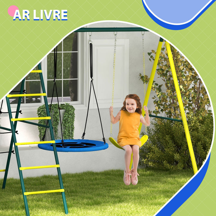 Baloiço Infantil 4 em 1 com Baloiço Ninho e Individual Rede de Escalada Cesto de Basquetebol Escada Carga 160 kg para Exterior Parque Infantil para Crianças de 3 a 8 Anos Amarelo