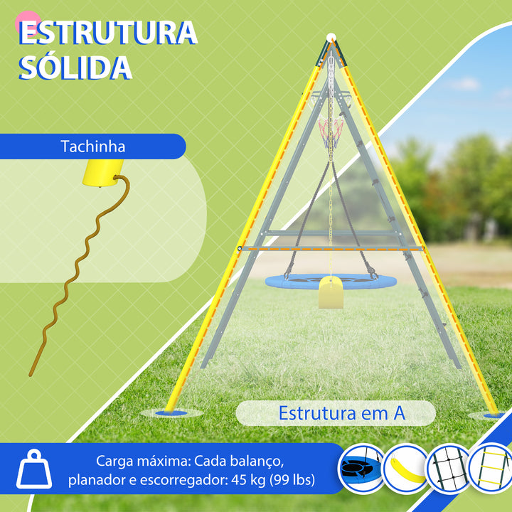 Baloiço Infantil 4 em 1 com Baloiço Ninho e Individual Rede de Escalada Cesto de Basquetebol Escada Carga 160 kg para Exterior Parque Infantil para Crianças de 3 a 8 Anos Amarelo
