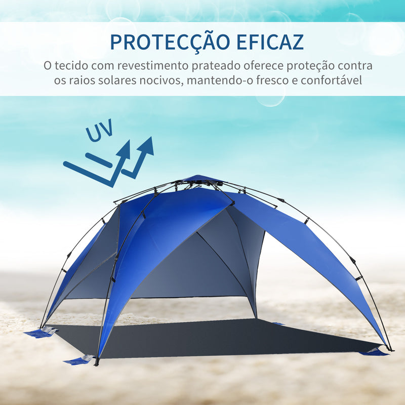 Tenda de Praia Dobrável Tenda de Praia com Bolsa de Transporte Abertura Automática Proteção UV e Impermeável para Parque Campismo 247x247x145 cm Azul