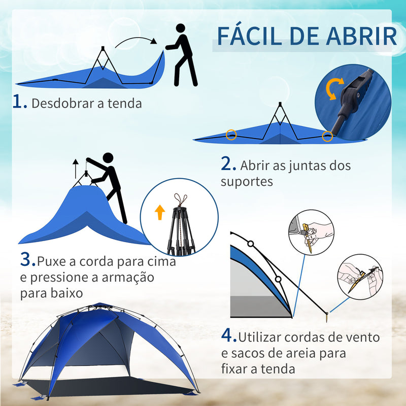 Tenda de Praia Dobrável Tenda de Praia com Bolsa de Transporte Abertura Automática Proteção UV e Impermeável para Parque Campismo 247x247x145 cm Azul