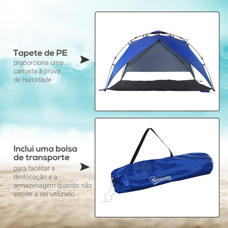 Tenda de Praia Dobrável Tenda de Praia com Bolsa de Transporte Abertura Automática Proteção UV e Impermeável para Parque Campismo 247x247x145 cm Azul