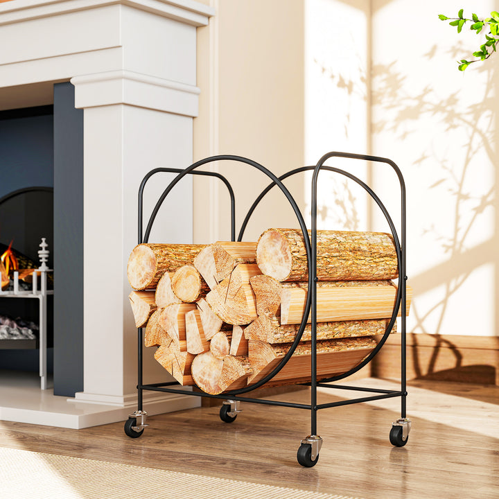Suporte para Lenha de Metal com Rodas 51x30x60 cm Suporte Exterior e Interior Suporte para Lenha de Lareira Armazenamento para Madeira Preto