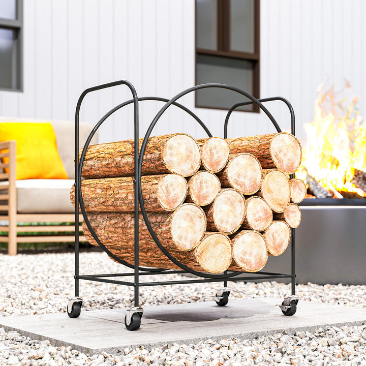 Suporte para Lenha de Metal com Rodas 51x30x60 cm Suporte Exterior e Interior Suporte para Lenha de Lareira Armazenamento para Madeira Preto