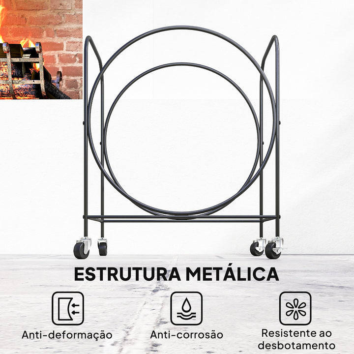 Suporte para Lenha de Metal com Rodas 51x30x60 cm Suporte Exterior e Interior Suporte para Lenha de Lareira Armazenamento para Madeira Preto
