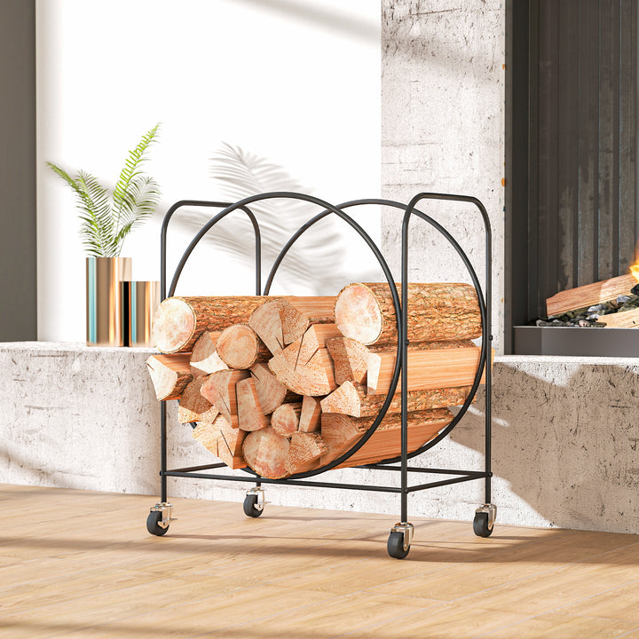 Suporte para Lenha de Metal com Rodas 51x30x60 cm Suporte Exterior e Interior Suporte para Lenha de Lareira Armazenamento para Madeira Preto