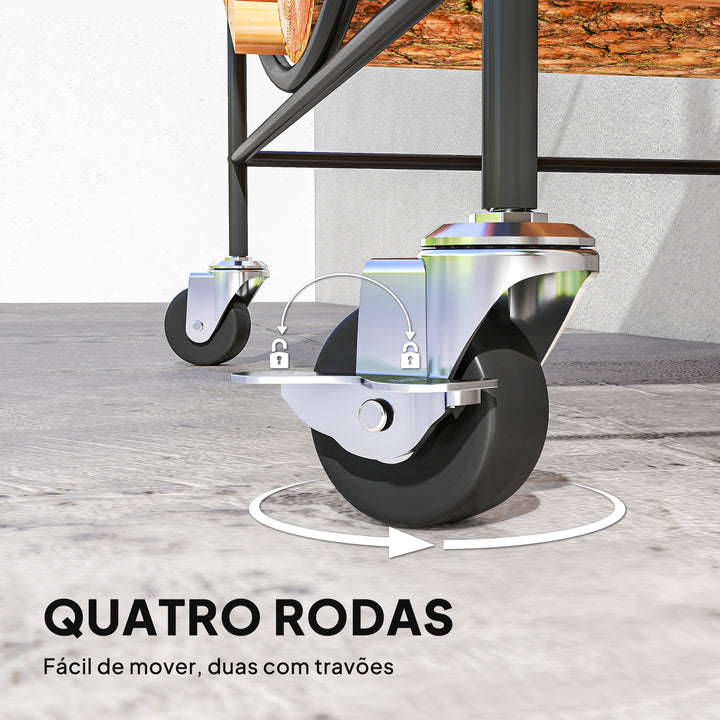 Suporte para Lenha de Metal com Rodas 51x30x60 cm Suporte Exterior e Interior Suporte para Lenha de Lareira Armazenamento para Madeira Preto