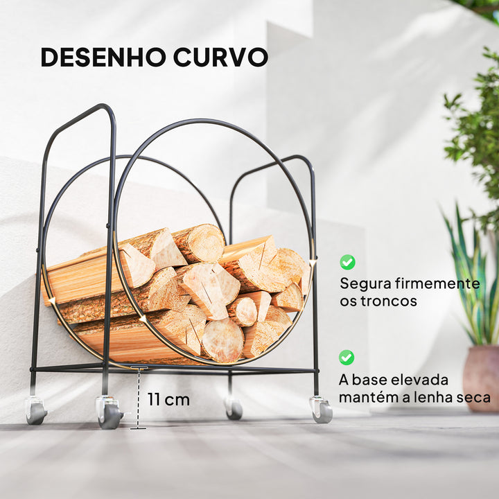 Suporte para Lenha de Metal com Rodas 51x30x60 cm Suporte Exterior e Interior Suporte para Lenha de Lareira Armazenamento para Madeira Preto