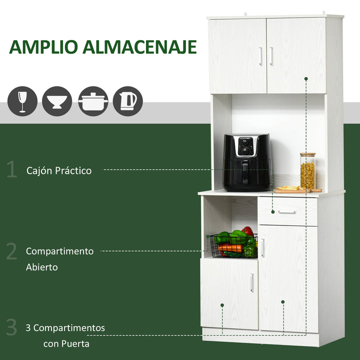 Armário Auxiliar para Cozinha com 3 Armários com Portas Prateleira Ajustável Gaveta e Prateleira Aberta 71x41x178 cm Branco